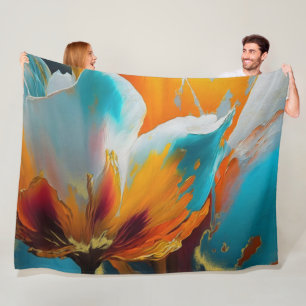 Abstracte bloesem in oranje en blauwgroen fleece deken