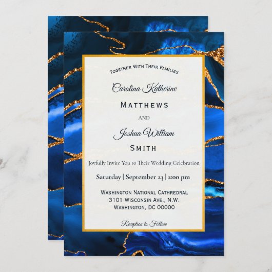 Abstracte Blue Agate Waterverf bruiloft Kaart (Voorkant / Achterkant)