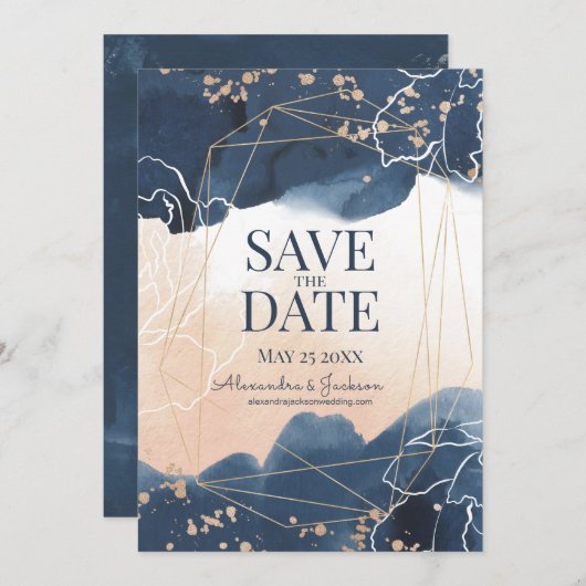 Abstracte Blue Blush Gold Waterverf Luxe Save The Date (Voorkant / Achterkant)