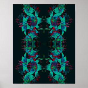 Abstracte Blue Lily Flowers regendruppels Poster