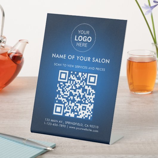 Abstracte Blue Salon Business QR-code en Logo Reclamebord Met Voetstuk (Insitu)