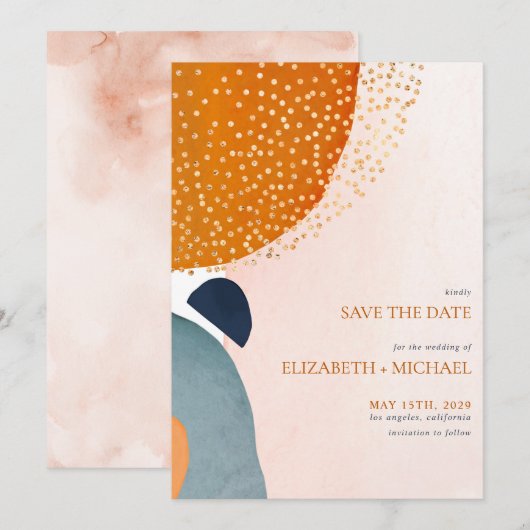 Abstracte Blush Pink Navy Blue Terracotta Wedding Save The Date (Voorkant / Achterkant)