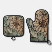 Abstracte Boho bloemensalie en beige Ovenwant & Pannenlap Set (Voorkant)