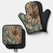 Abstracte Boho bloemensalie en beige Ovenwant & Pannenlap Set (Voorkant / Achterkant)