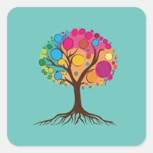 Abstracte boom met wortels en kleurrijke bladeren. vierkante sticker