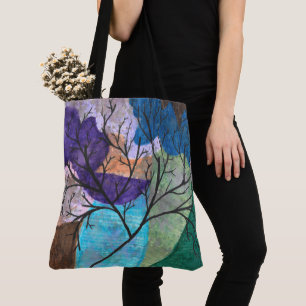 Abstracte boom silhouet op kleurrijke aquarel draagtas