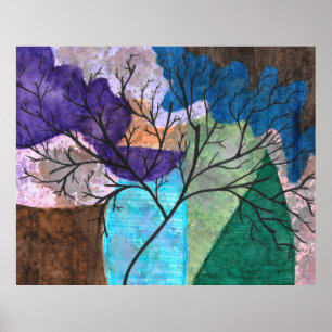 Abstracte boom silhouet op kleurrijke aquarel poster