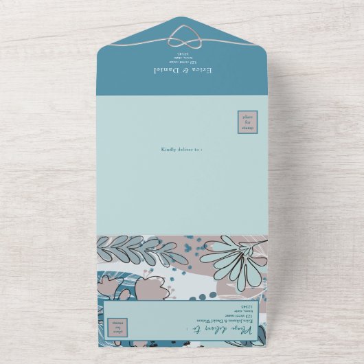 Abstracte botanische Blauwgroen bruiloft All In One Uitnodiging (Buitenkant)