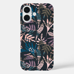 Abstracte Botanische Boho Patroon Roze Blauw Zwart iPhone 16 Hoesje