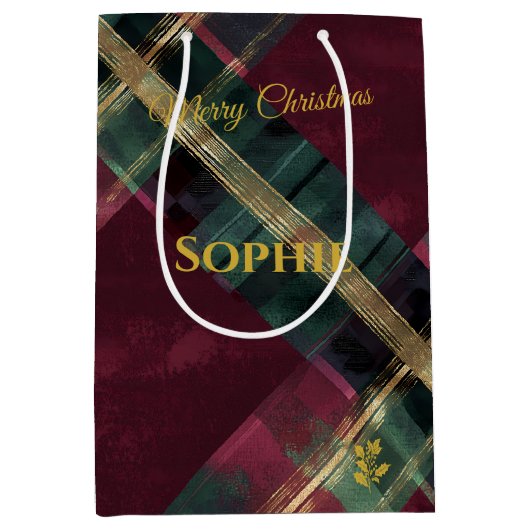 Abstracte Bourgogne & Green Plaid Kerst Custom Medium Cadeauzakje (Voorkant)