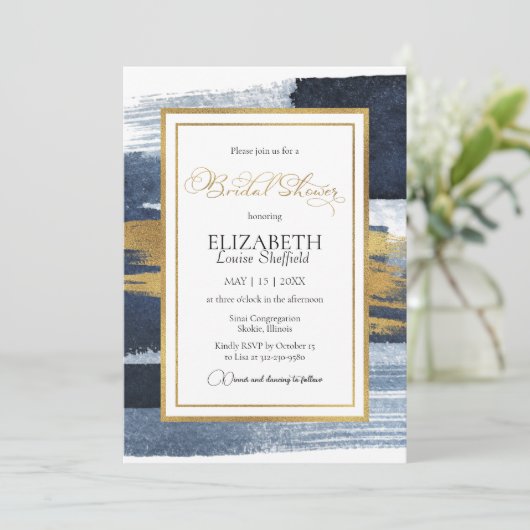 Abstracte bruidsdoucheuitnodiging | Goud Navy Blau Kaart (Staand voorkant)