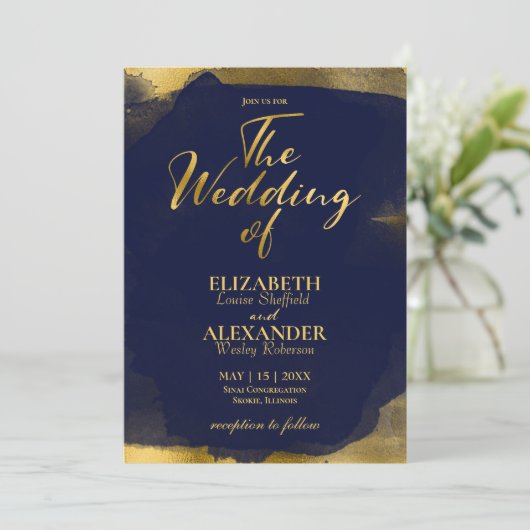 Abstracte bruiloft uitnodigingen | Blauw vergulde (Staand voorkant)