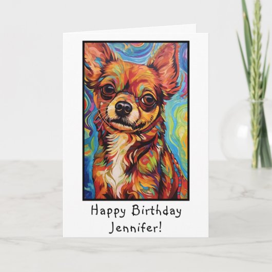 Abstracte bruine chihuahua dog happy birthday naam kaart (Voorkant)
