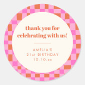 Abstracte Checker Pink Custom 21st Verjaardag Beda Ronde Sticker (Voorkant)