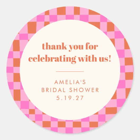 Abstracte Checker Roze Aangepaste Trouwfeest Dank Ronde Sticker (Voorkant)