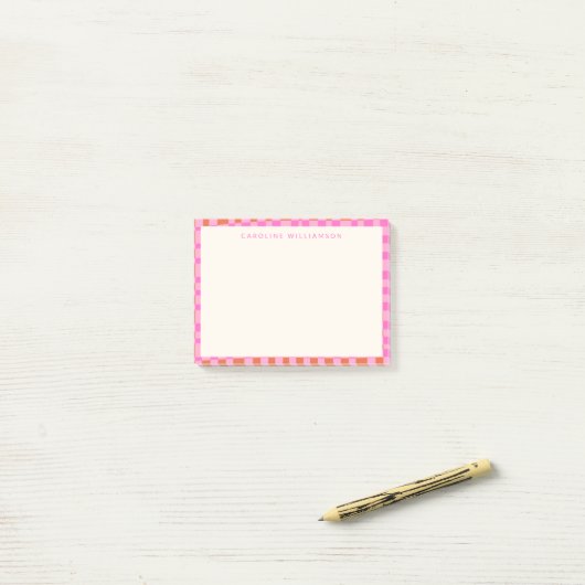 Abstracte Checkerboard Roze Oranje Aangepaste naam Post-it® Notes (Op bureau)