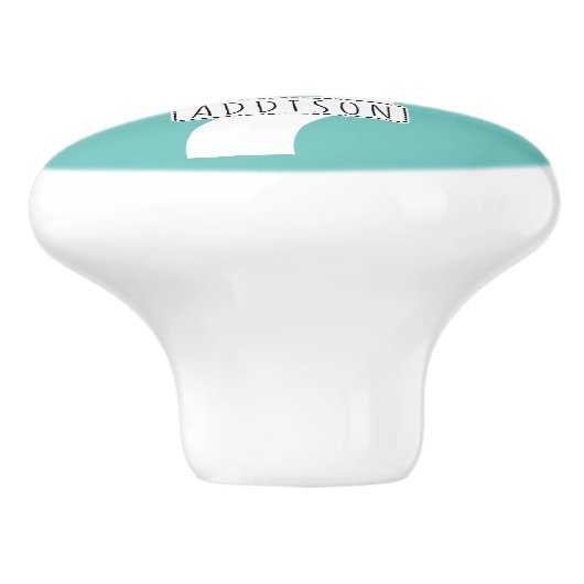 Abstracte cirkelboom en naam op licht blauwgroen keramische knop (Zijkant)