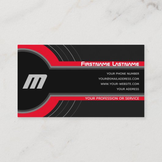 Abstracte cirkels grijze rode tinten elegant zwart visitekaartje (Achterkant)