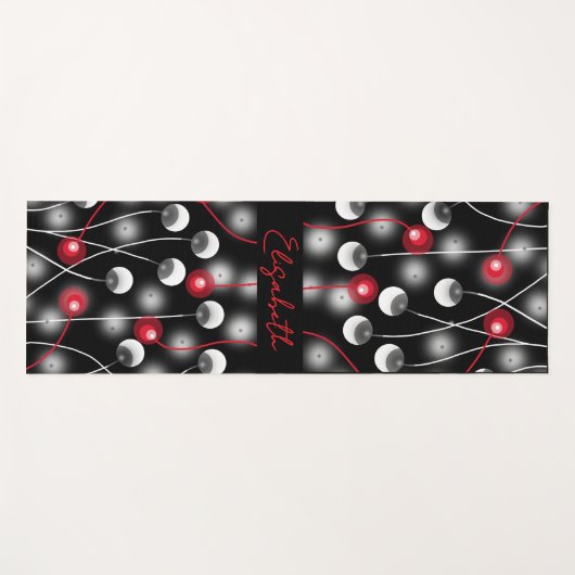Abstracte cirkels & lijnen zwart, rood, wit & naam yogamat (Voorkant (horizontaal))