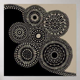 Abstracte cirkels Stippen Bloemen Zwart op Tan Pri Poster