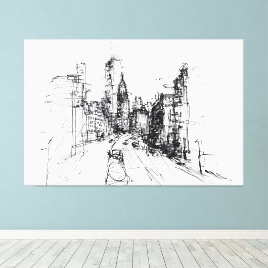 Abstracte Cityscape Uitzicht Sketch - Premium Canvas Afdruk (Insitu (Houten vloer))