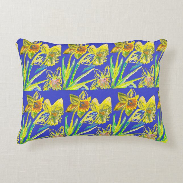 Abstracte Daffodil Yellow Blue Flowers Florence Accent Kussen (Voorkant)