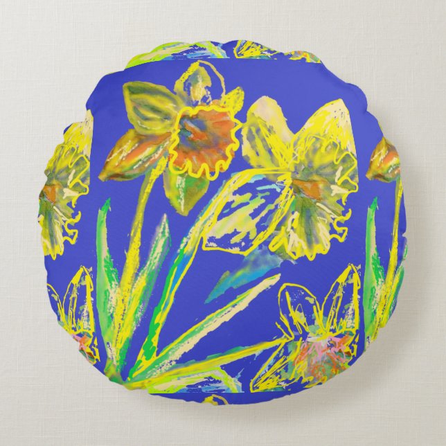 Abstracte Daffodil Yellow Blue Flowers Florence Rond Kussen (Voorkant)