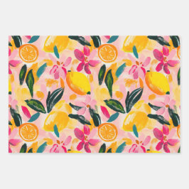 ABSTRACTE DECORATIEVE PAPIERSET VAN CITRUS EN BLOE INPAKPAPIER VEL