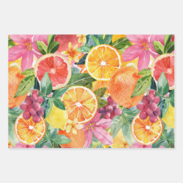 ABSTRACTE DECORATIEVE PAPIERSET VAN CITRUS EN BLOE INPAKPAPIER VEL