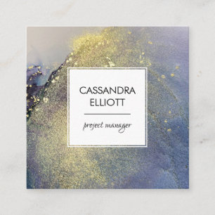 Abstracte Denim Blue & Gold Alcohol Ink Liquid Art Vierkante Visitekaartje