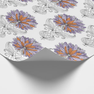 Abstracte Doodle Kunststijl Bloemen Paars Oranje Cadeaupapier