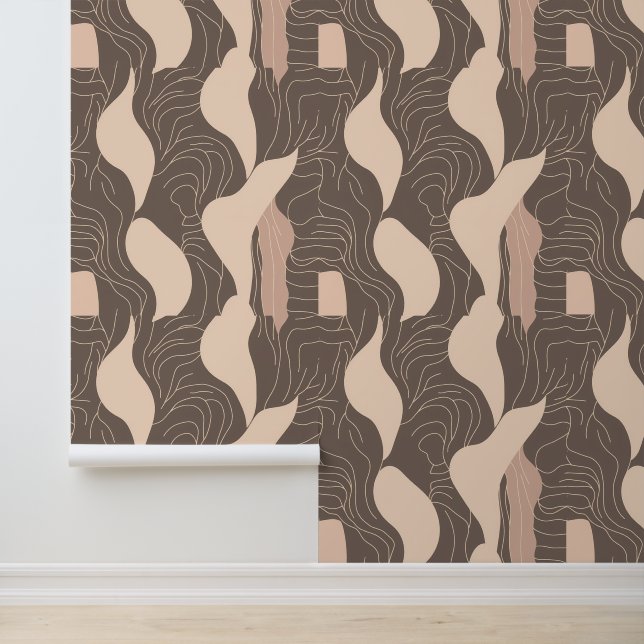 Abstracte Earth Tone Flowing Line Art Pattern Behang (Applicatie)