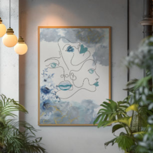 Abstracte één lijn drie gezicht kunst met Ice eyes Canvas Afdruk