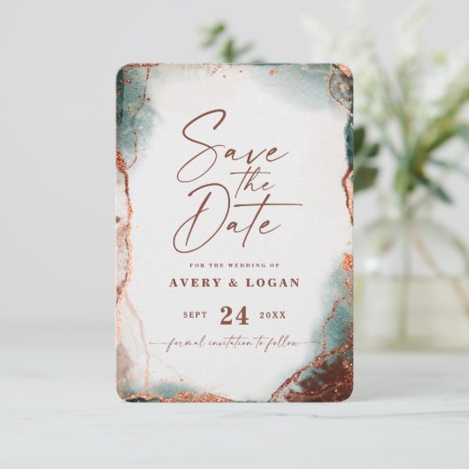 Abstracte etherale Waterverf Terra Cotta Wedding Save The Date (Staand voorkant)