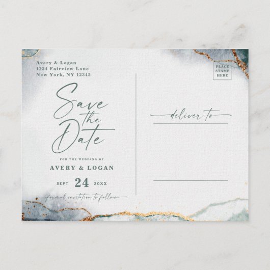 Abstracte etherische groene gouden bruiloft save t aankondigingskaart (Achterkant)