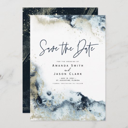 Abstracte Faux Gold Navy Waterverf Bespaar op datu Kaart (Voorkant / Achterkant)