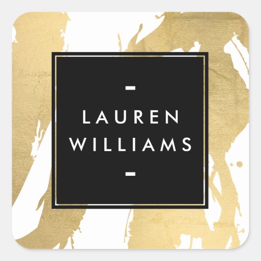 Abstracte Faux Gold-penseelstreken op wit Vierkante Sticker (Voorkant)