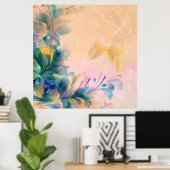 Abstracte Floral Background Blue en beige Poster (Thuiskantoor)