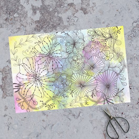 Abstracte Floral Line Art op Soft Wash Waterverf Tissuepapier