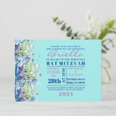 ABSTRACTE FLORAL STAR Turquoise Invitation Kaart (Staand voorkant)