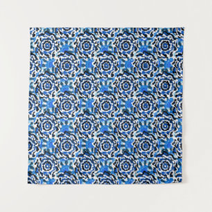 Abstracte florale, blauwe, zwarte en beige mode t wandkleed