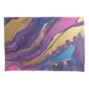 Abstracte Flow Art-Blue Paarse Roze en Goud- Kussensloop