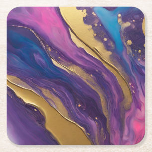 Abstracte Flow Art-Blue Paarse Roze en Goud- Vierkante Kartonnen Onderzetter