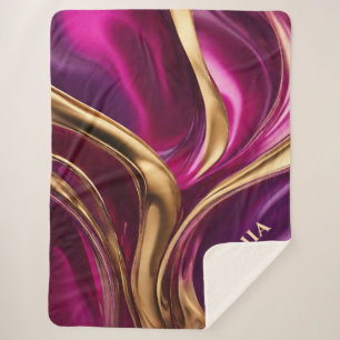 Abstracte Flow Art-Fuchsia Paarse en Gold- Sherpa Deken