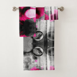 Abstracte Fuchsia, grijze en zwarte graan fotokuns Bad Handdoek
