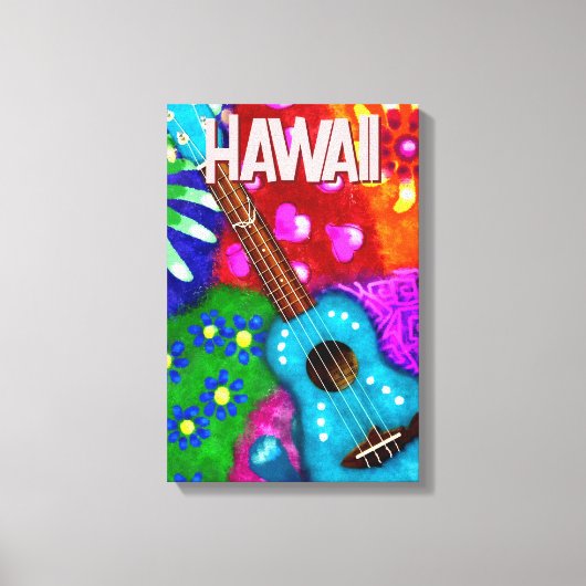 Abstracte Funky Ukulele Bloemen Tropisch Blauwgroe Canvas Afdruk (Voorkant)