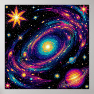 Abstracte galaxyscene met sterren, planeten poster