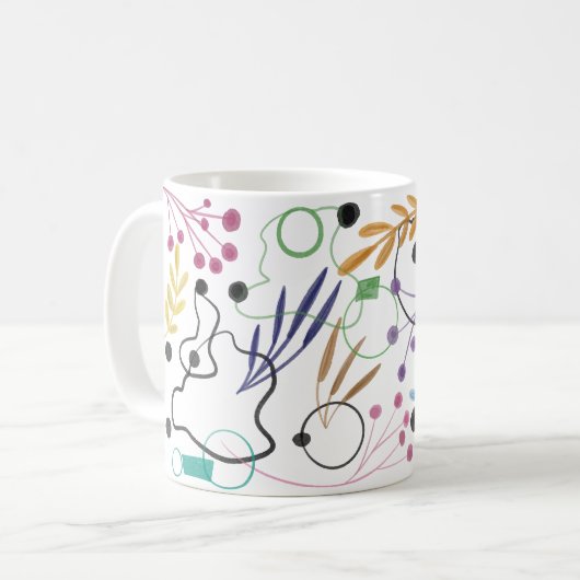 Abstracte gebogen lijnen, pootvloeren en bladeren koffiemok (Voorkant links)