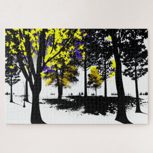 Abstracte geel en blauw silhouet bomen legpuzzel