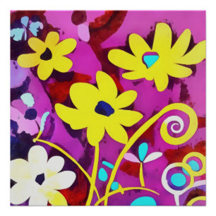 Abstracte gele bloemen op viva magenta perfect poster